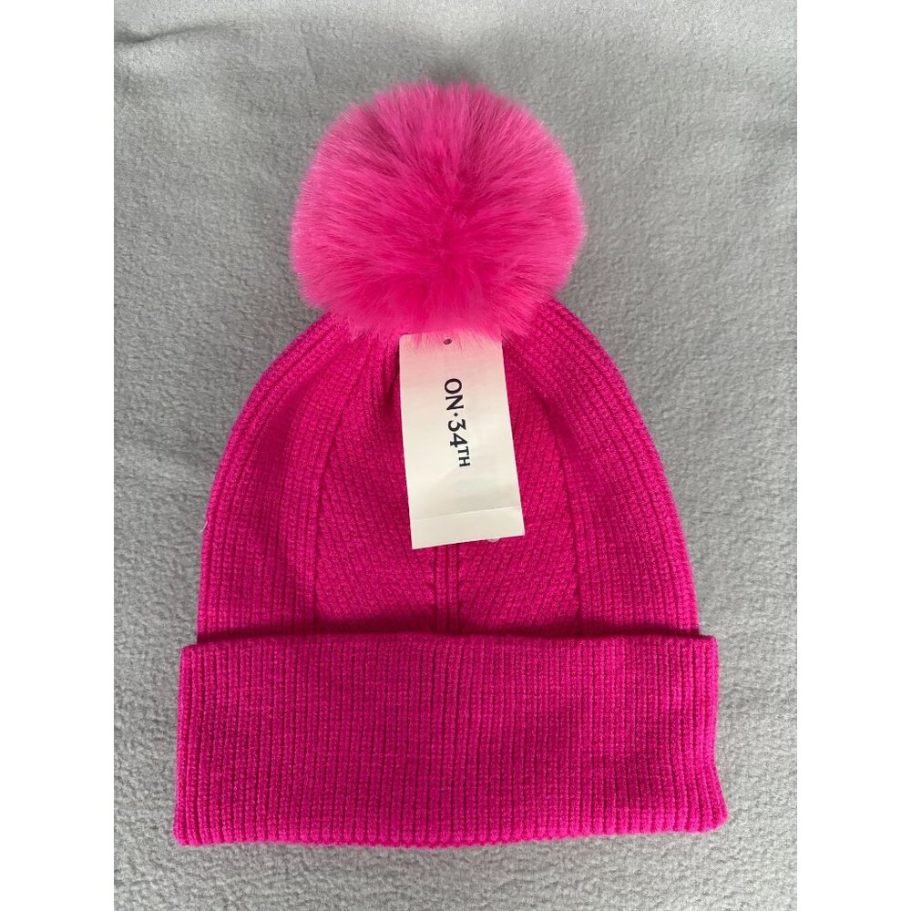 On 34th Women's Multi-Stitch Cozy Faux-Fur Pom Pom Beanie Pink One Size NWT's